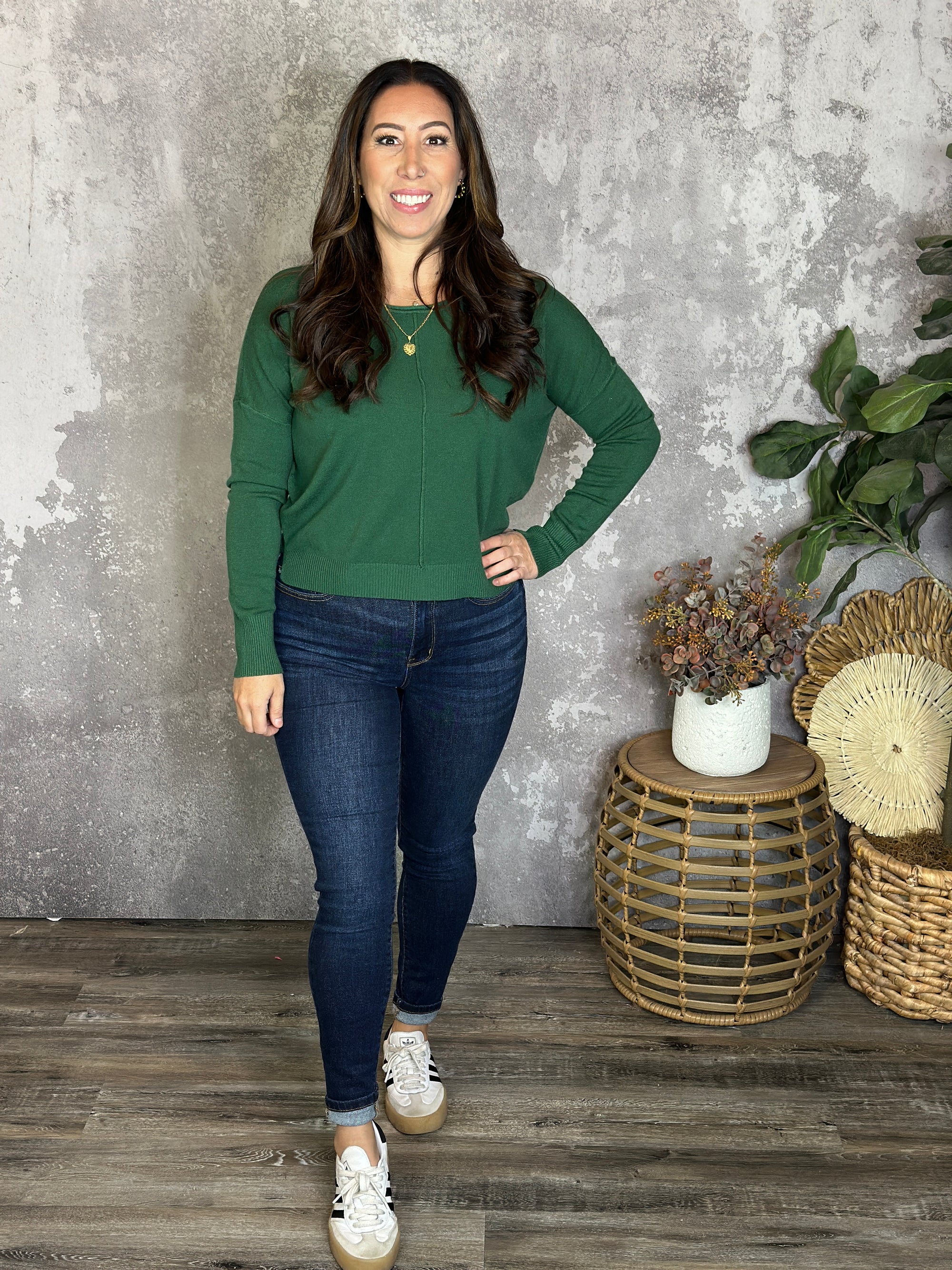 Roundneck Front Seam Stacey Sweater - Evergreen