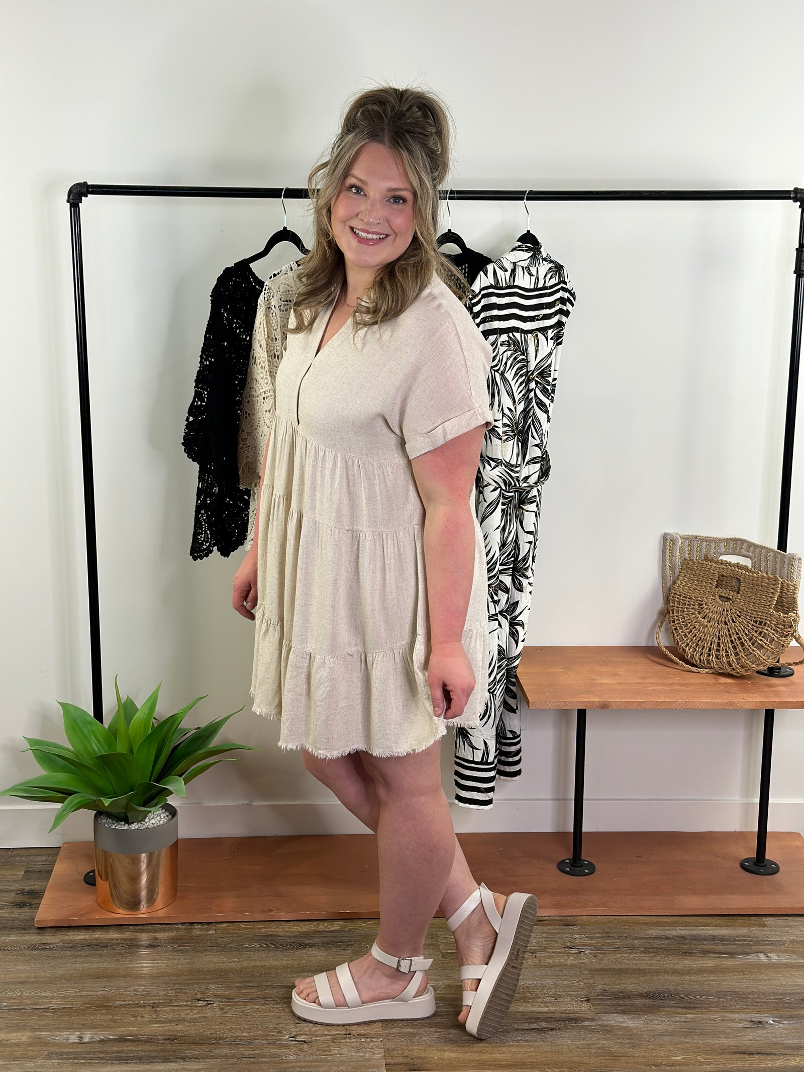 Collared Tiered Linen Dress (Small - 2X)