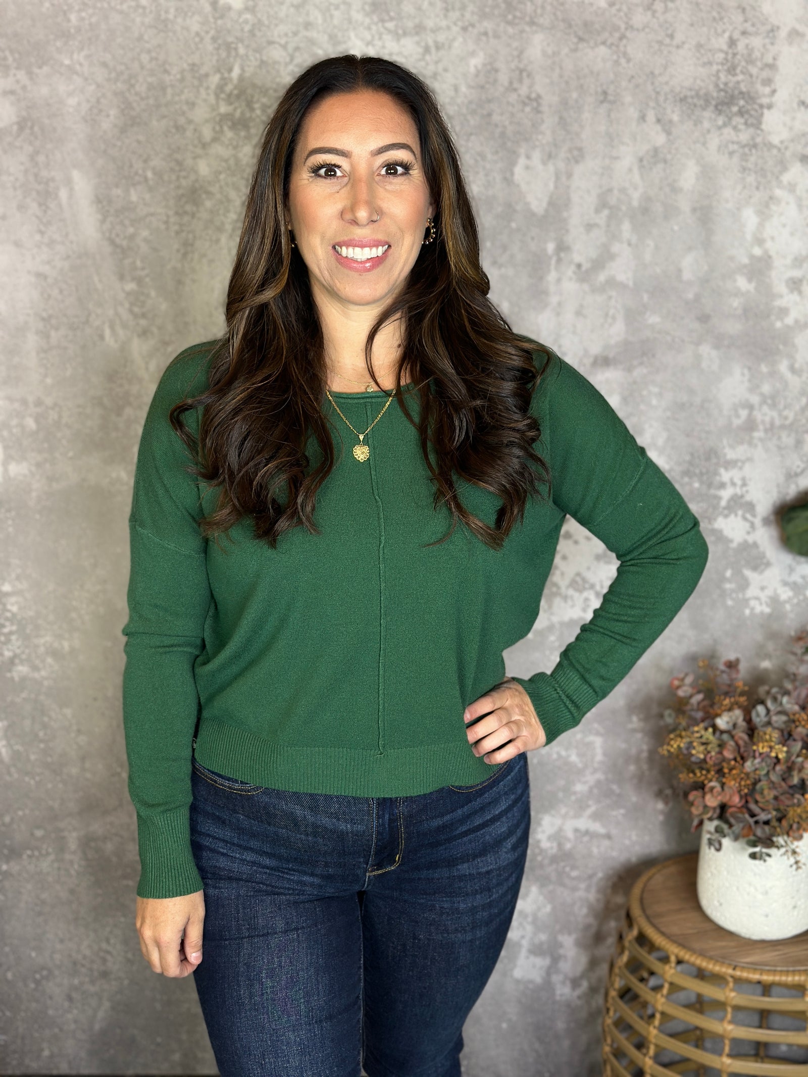 Roundneck Front Seam Stacey Sweater - Evergreen