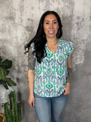 Ruffle Sleeve Purple/Mint Print Top (Small - 2X)