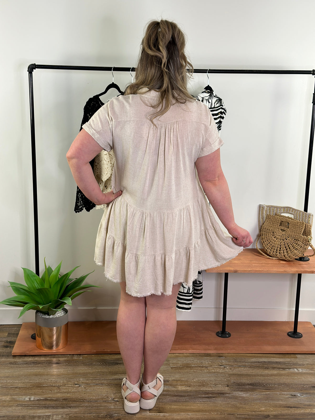 Collared Tiered Linen Dress (Small - 2X)