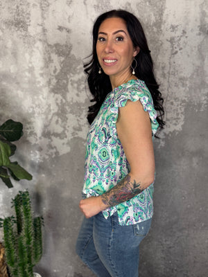 Ruffle Sleeve Purple/Mint Print Top (Small - 2X)