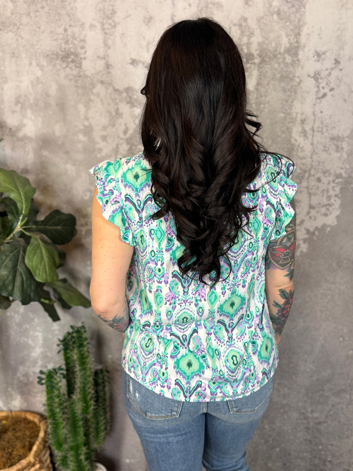 Ruffle Sleeve Purple/Mint Print Top (Small - 2X)