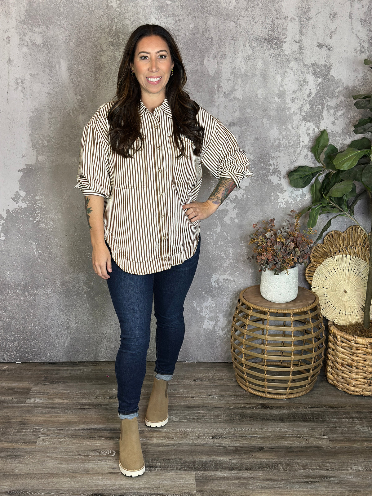 Ivory Camel Stripe Blouse (Small - 2X)