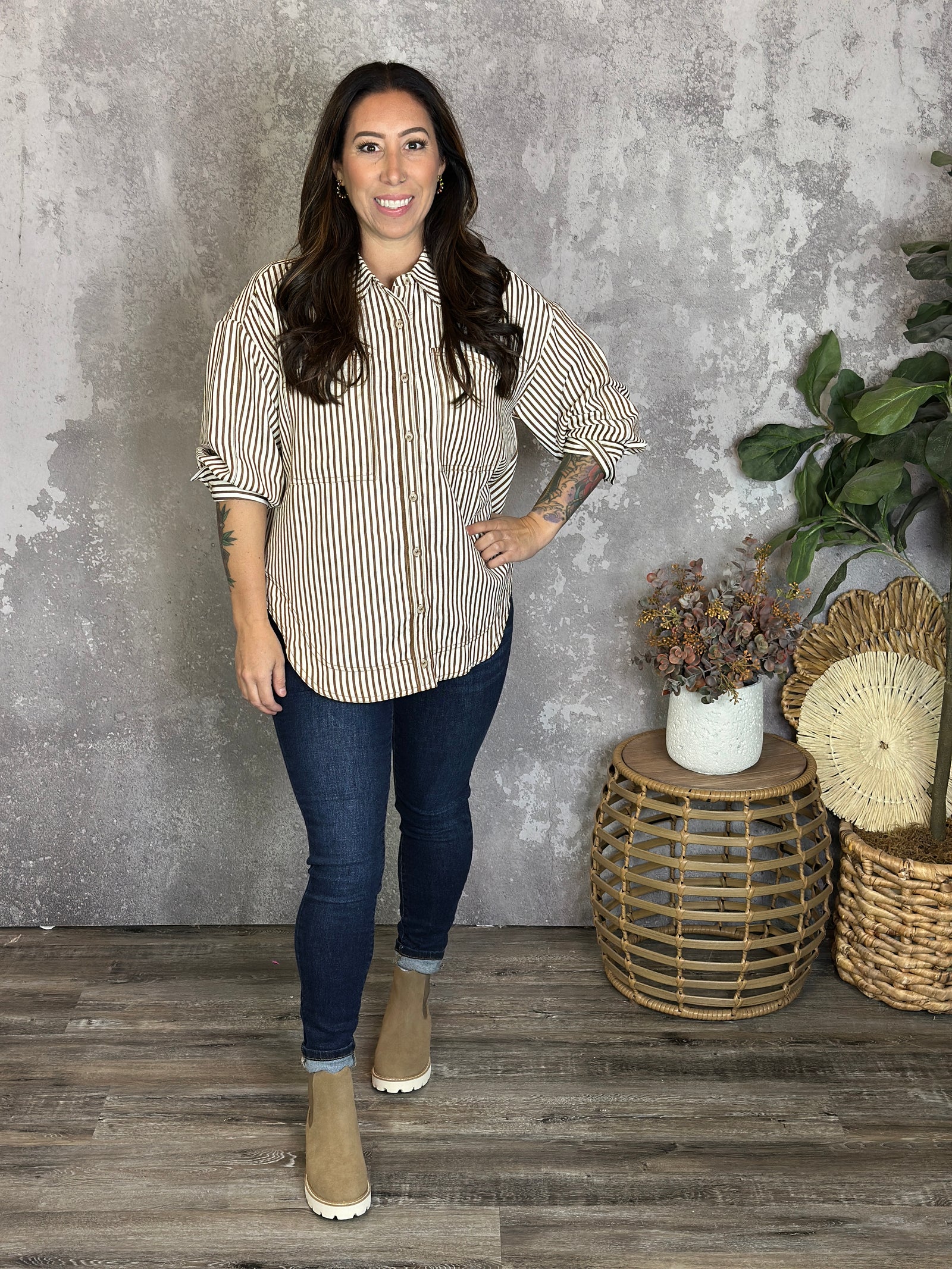 Ivory Camel Stripe Blouse (Small - 2X)