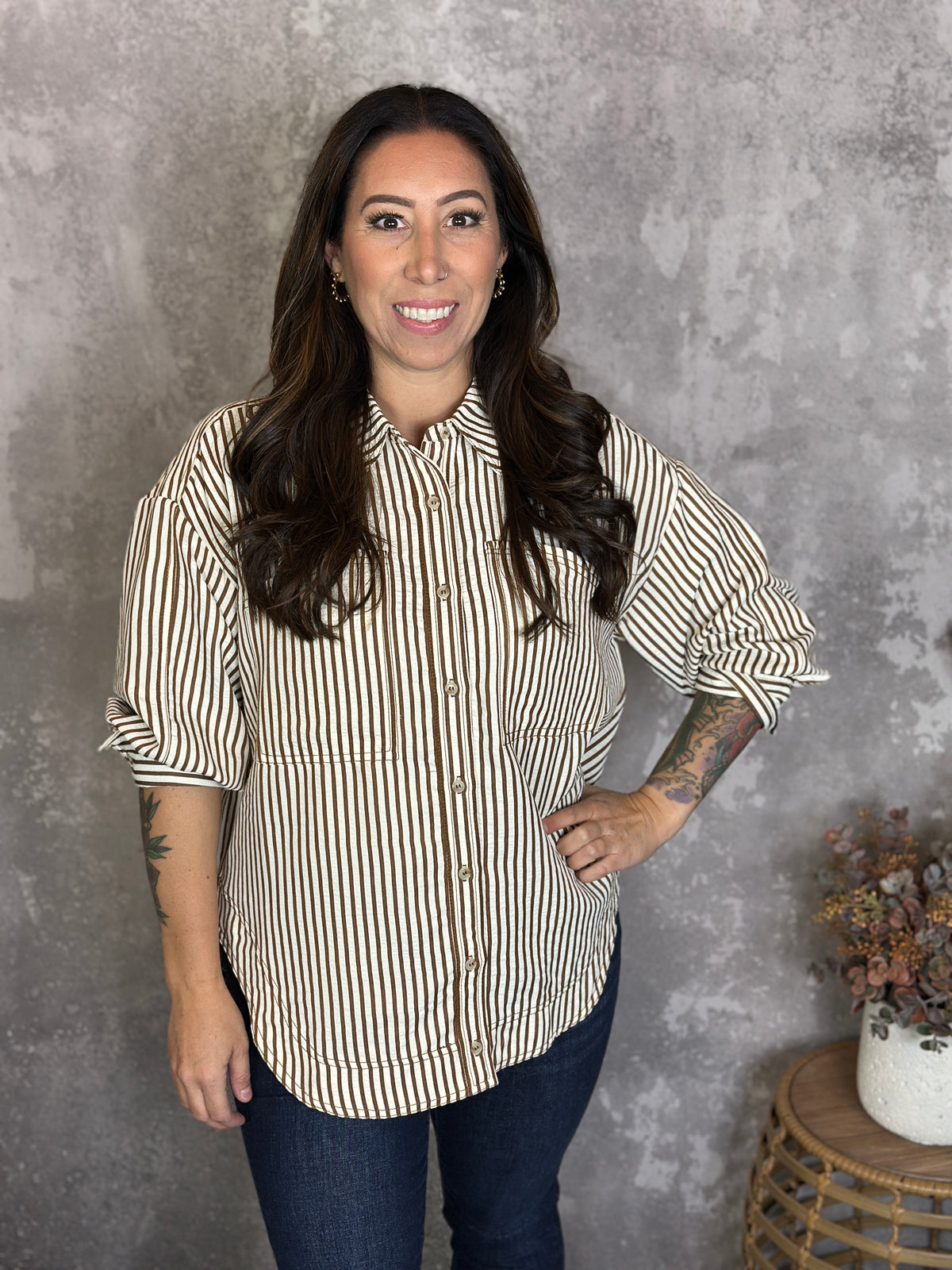 Ivory Camel Stripe Blouse (Small - 2X)