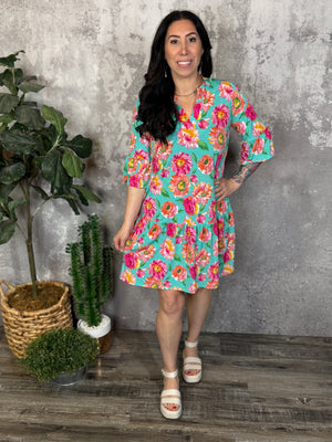 Lizzie Wrinkle Free Ruffle Bottom Bell Sleeve Dress - Teal Floral (Small - 3X)