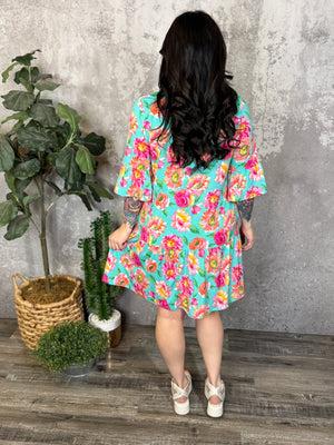 Lizzie Wrinkle Free Ruffle Bottom Bell Sleeve Dress - Teal Floral (Small - 3X)