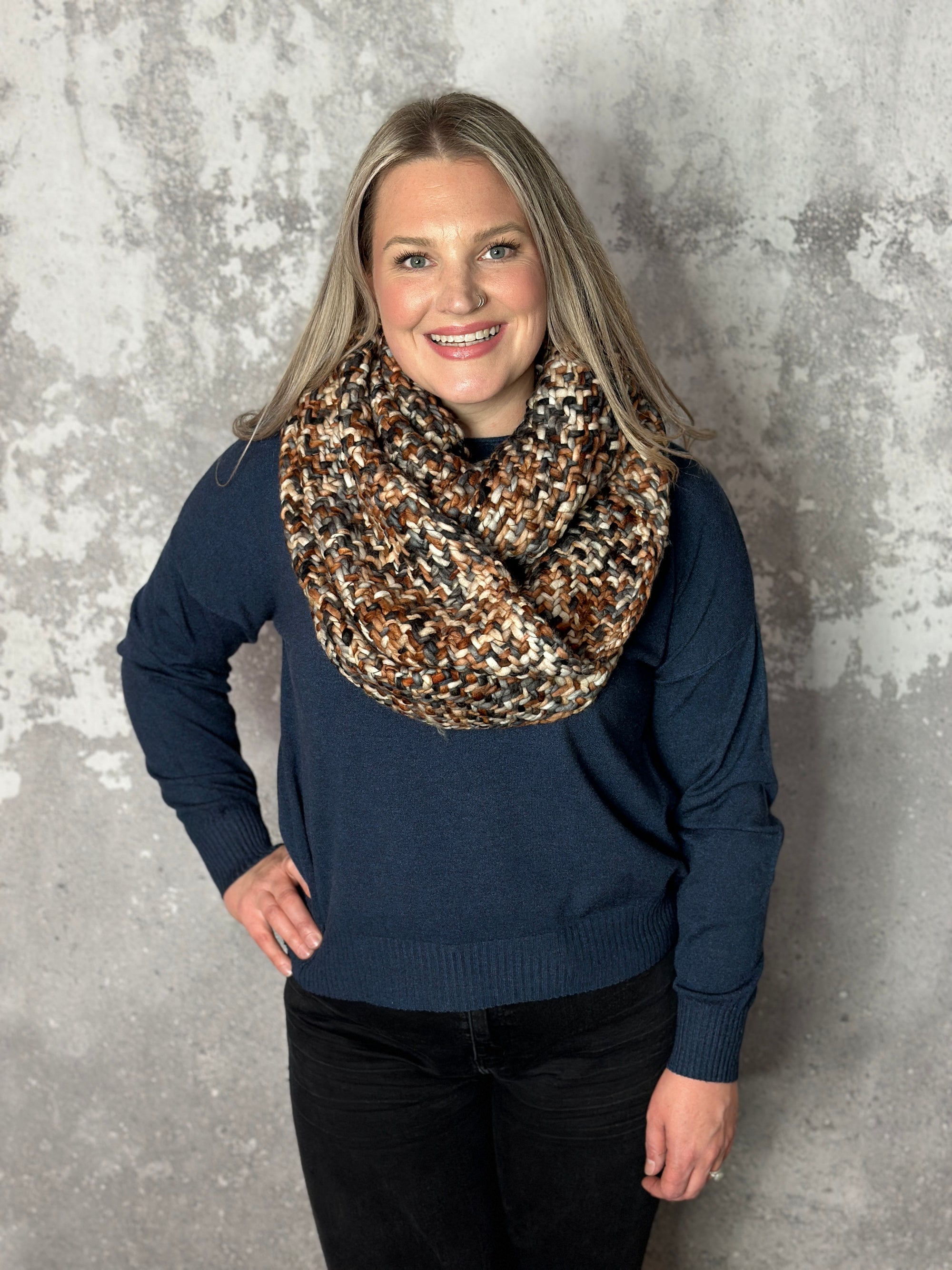 Loom Woven Infinity Scarf - Slate Grey/Coffee