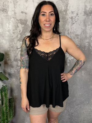 Black Spaghetti Strap Tank with Lace Insert