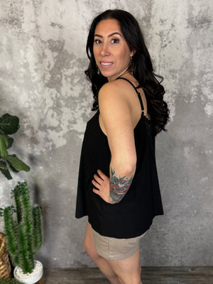 Black Spaghetti Strap Tank with Lace Insert