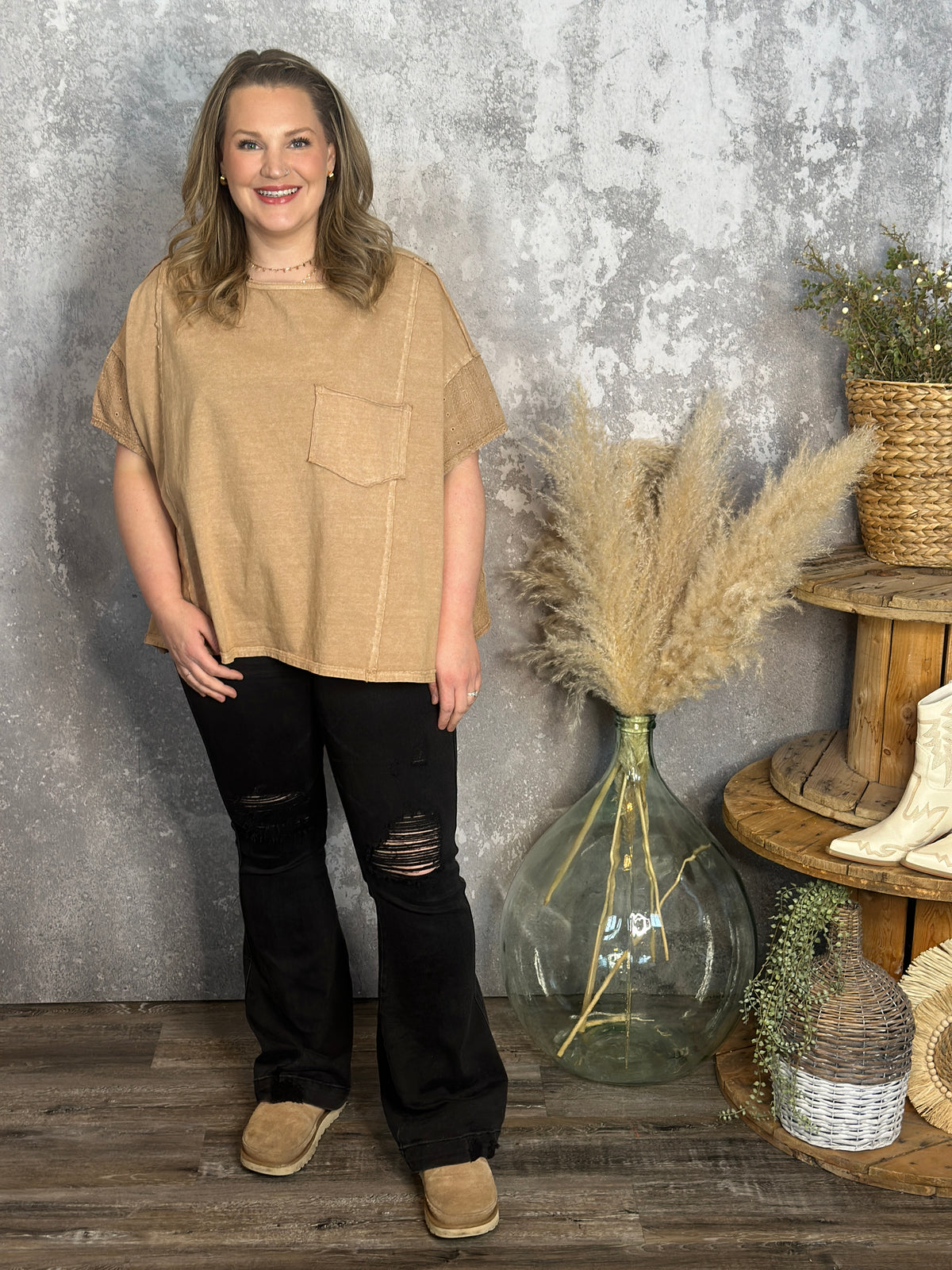 Brown Mineral Wash Pocket Tee with Side Detail