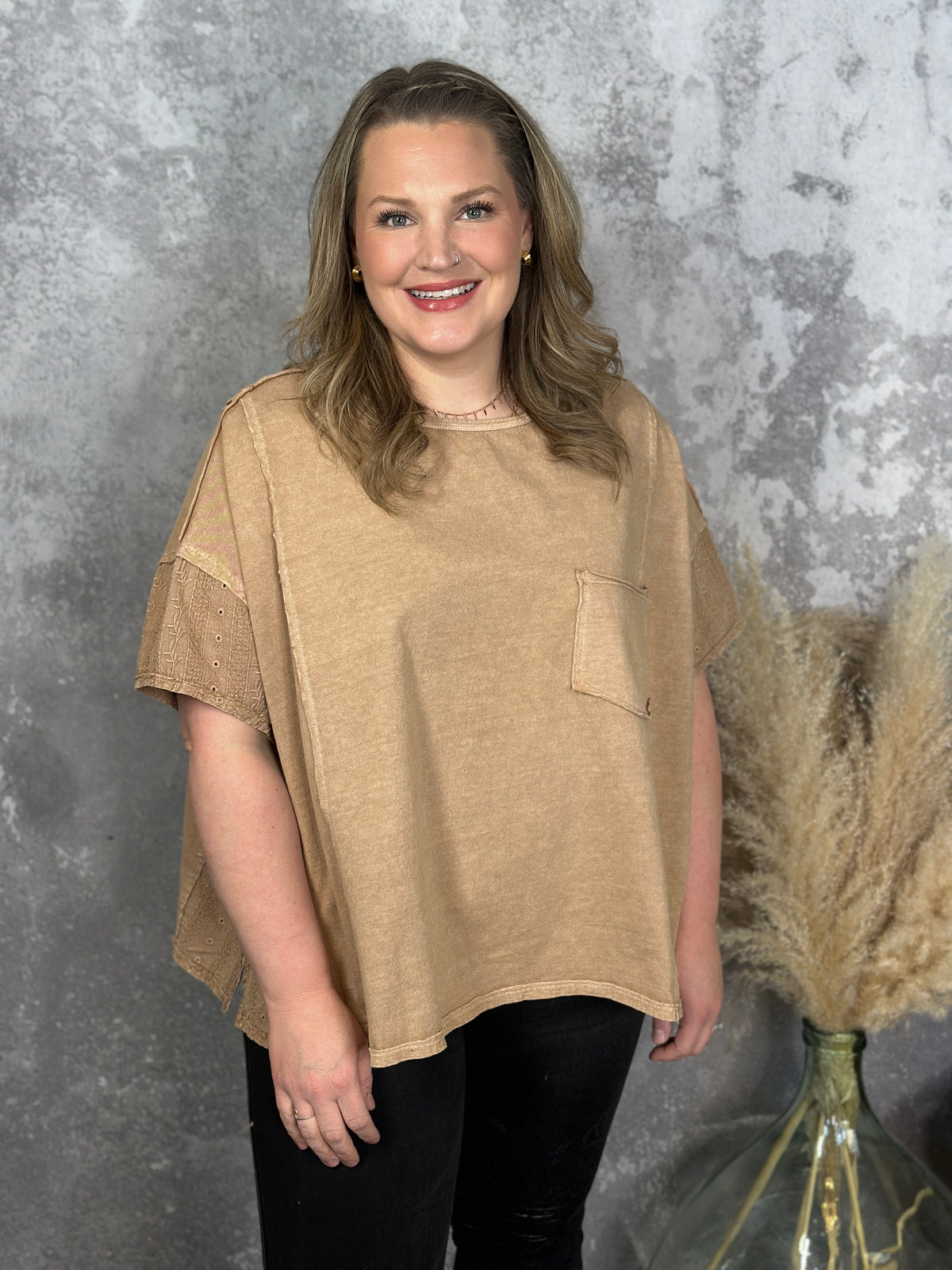 Brown Mineral Wash Pocket Tee with Side Detail