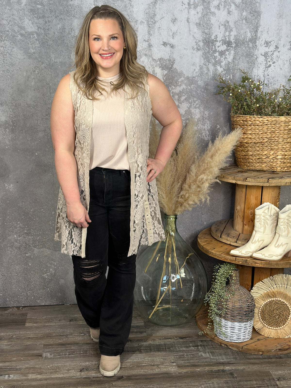 Antique Lace Vest with Stud Detail- Taupe