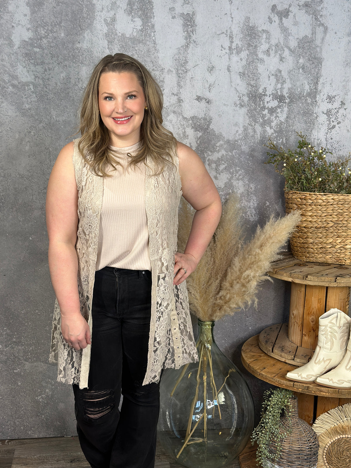 Antique Lace Vest with Stud Detail- Taupe