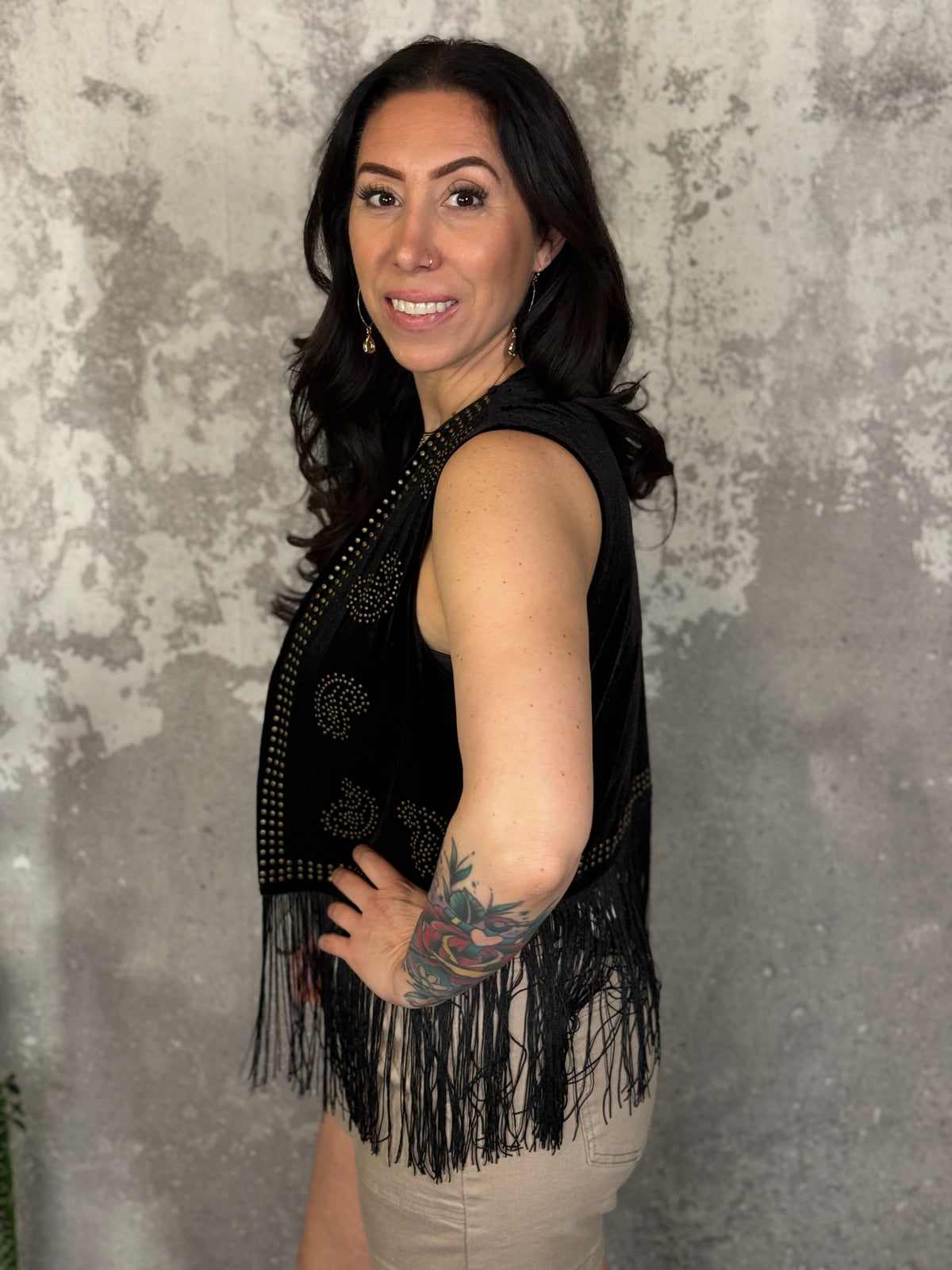 Velvet Gold Studded with Fringe Vest (Small - 3X)