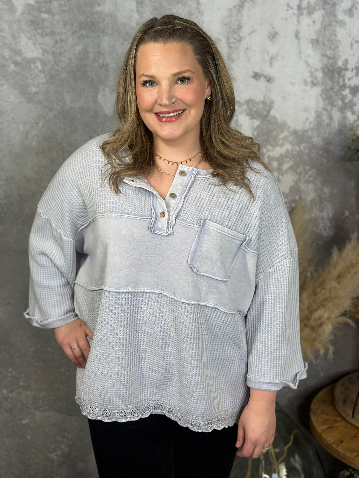 Faded Blue Waffle Top with Lace Bottom