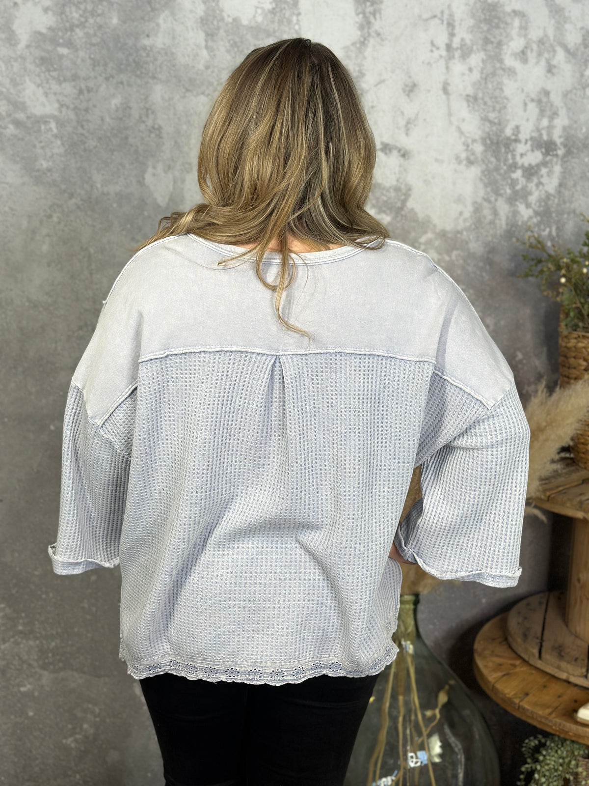 Faded Blue Waffle Top with Lace Bottom