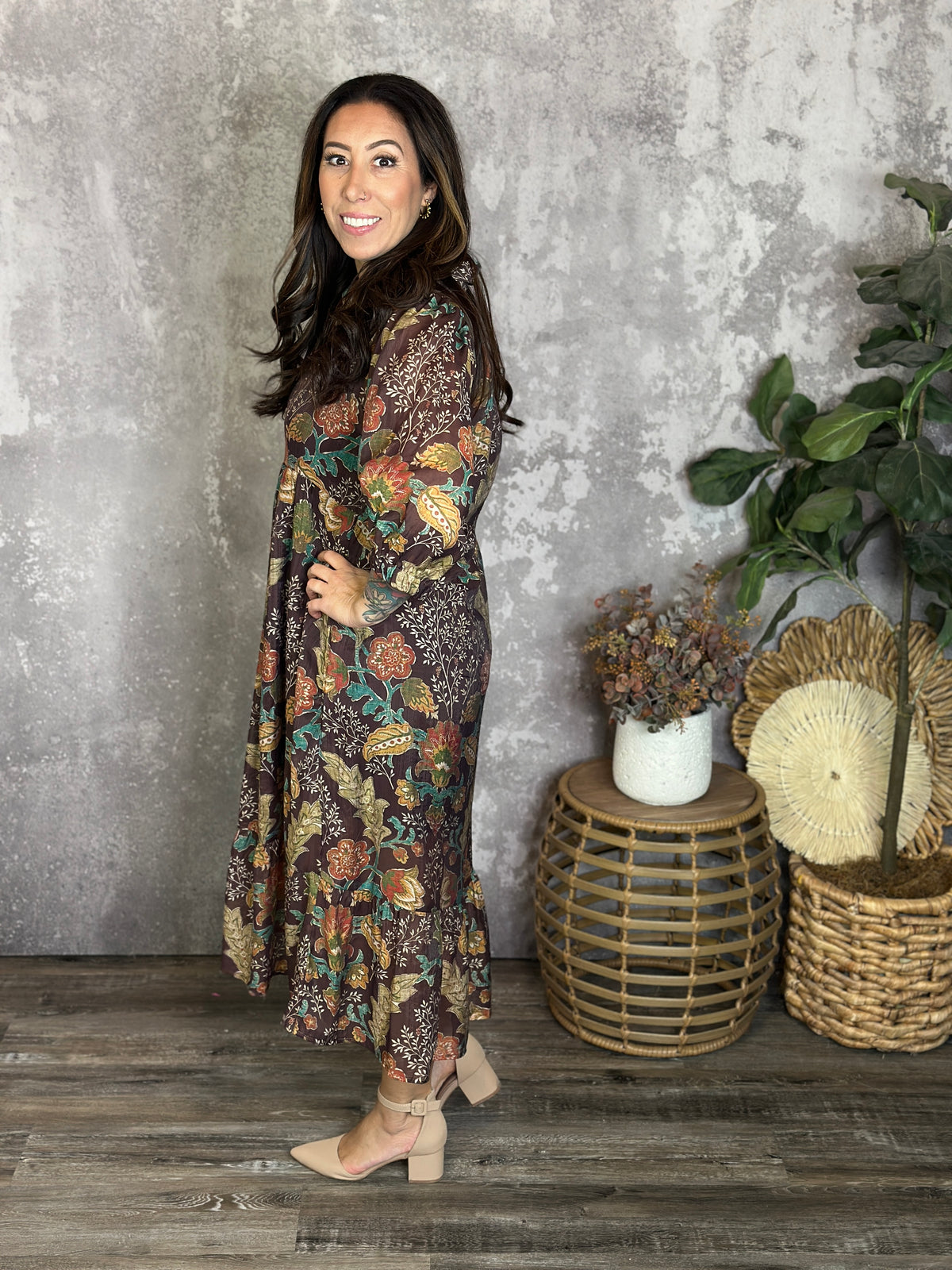 Brown 3/4 Sleeve Collared Dress (Small - 2X)