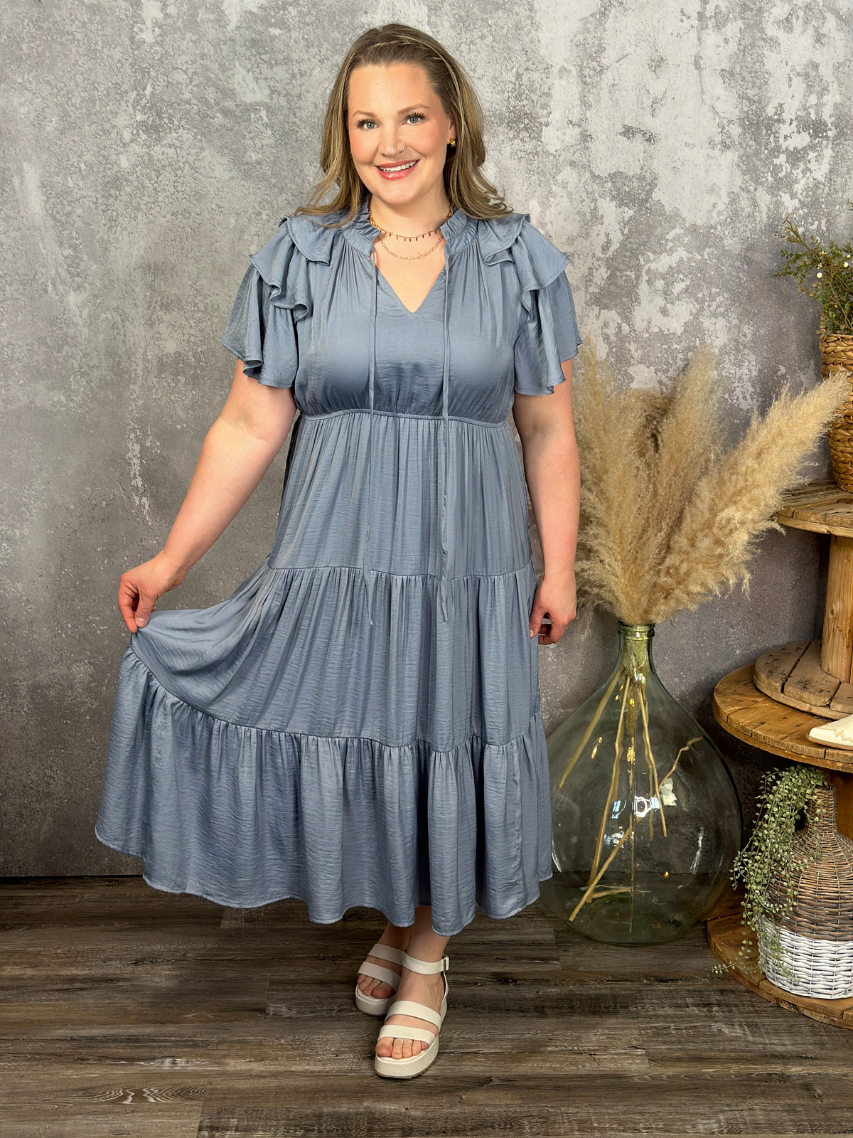 Ruffle Sleeve Tiered Dress - Dusty Blue (Small - 2X)