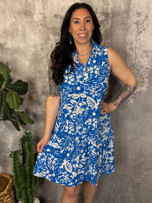 The Wrinkle Free Fairway Dress - Blue/Ivory Floral (Small - 3X)