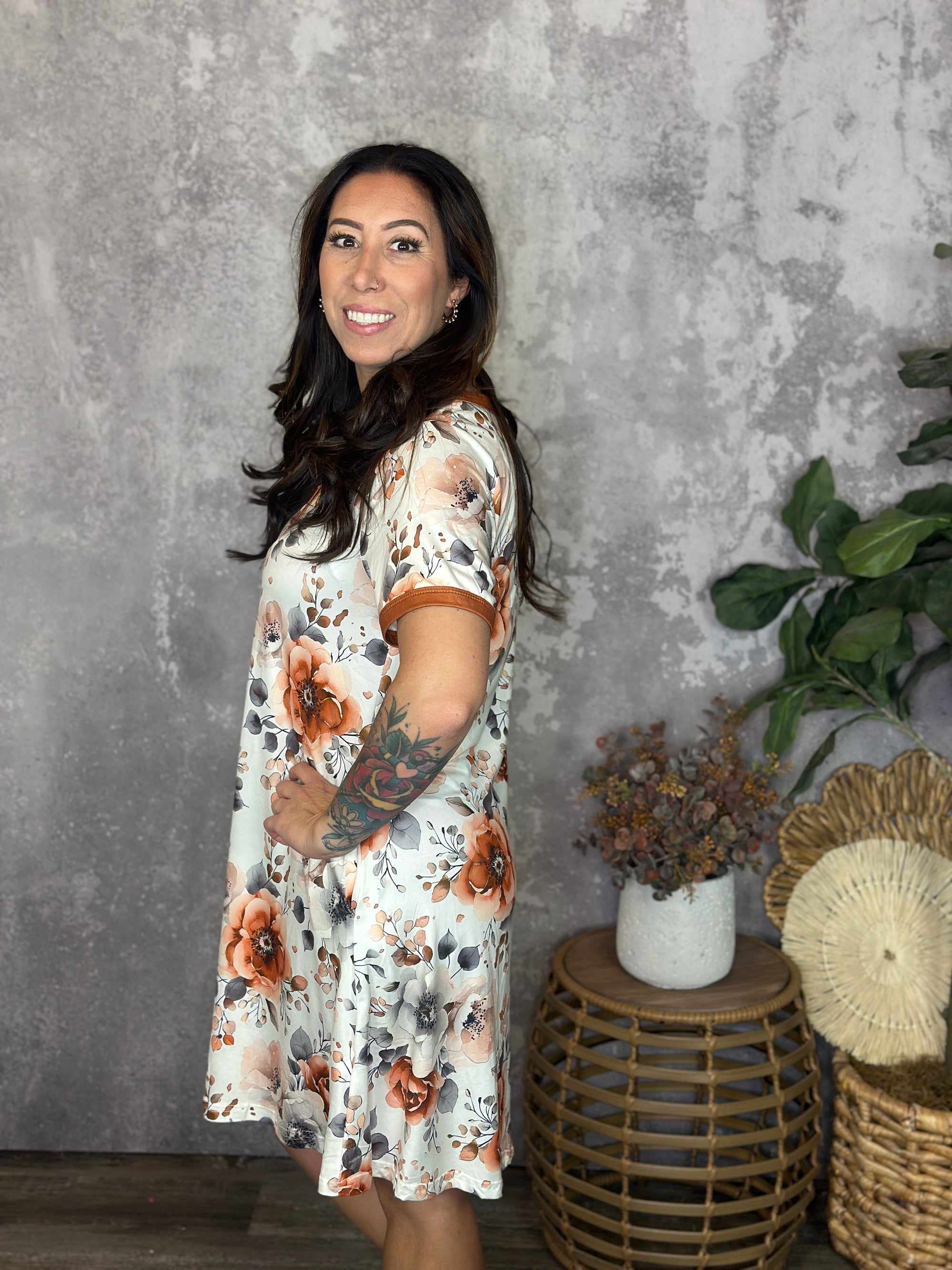 Buttery Shirley Lounge Nightgown - Rust Floral (Small - 3X)