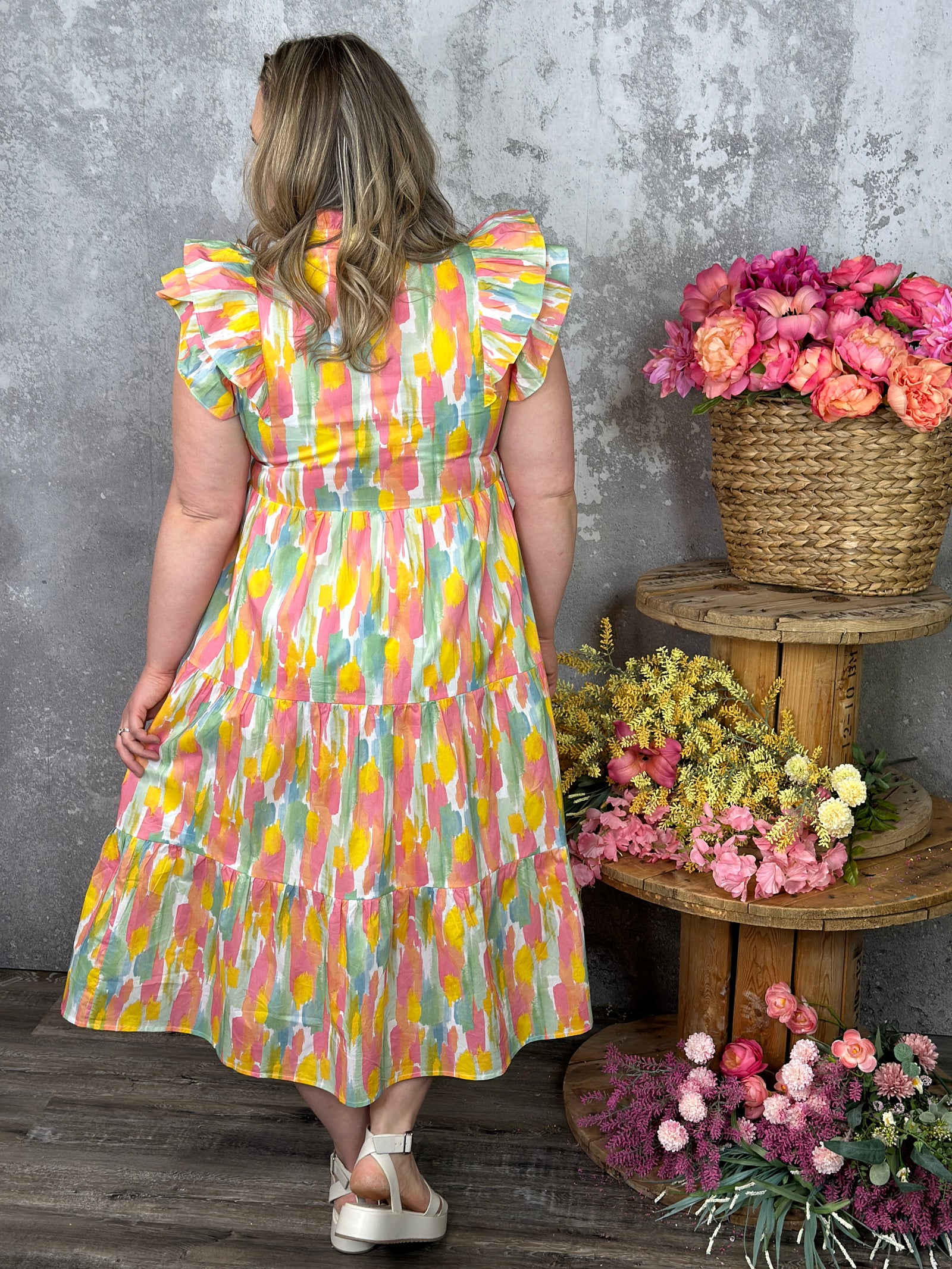 Painted Watercolor Ruffle Sleeve Dress