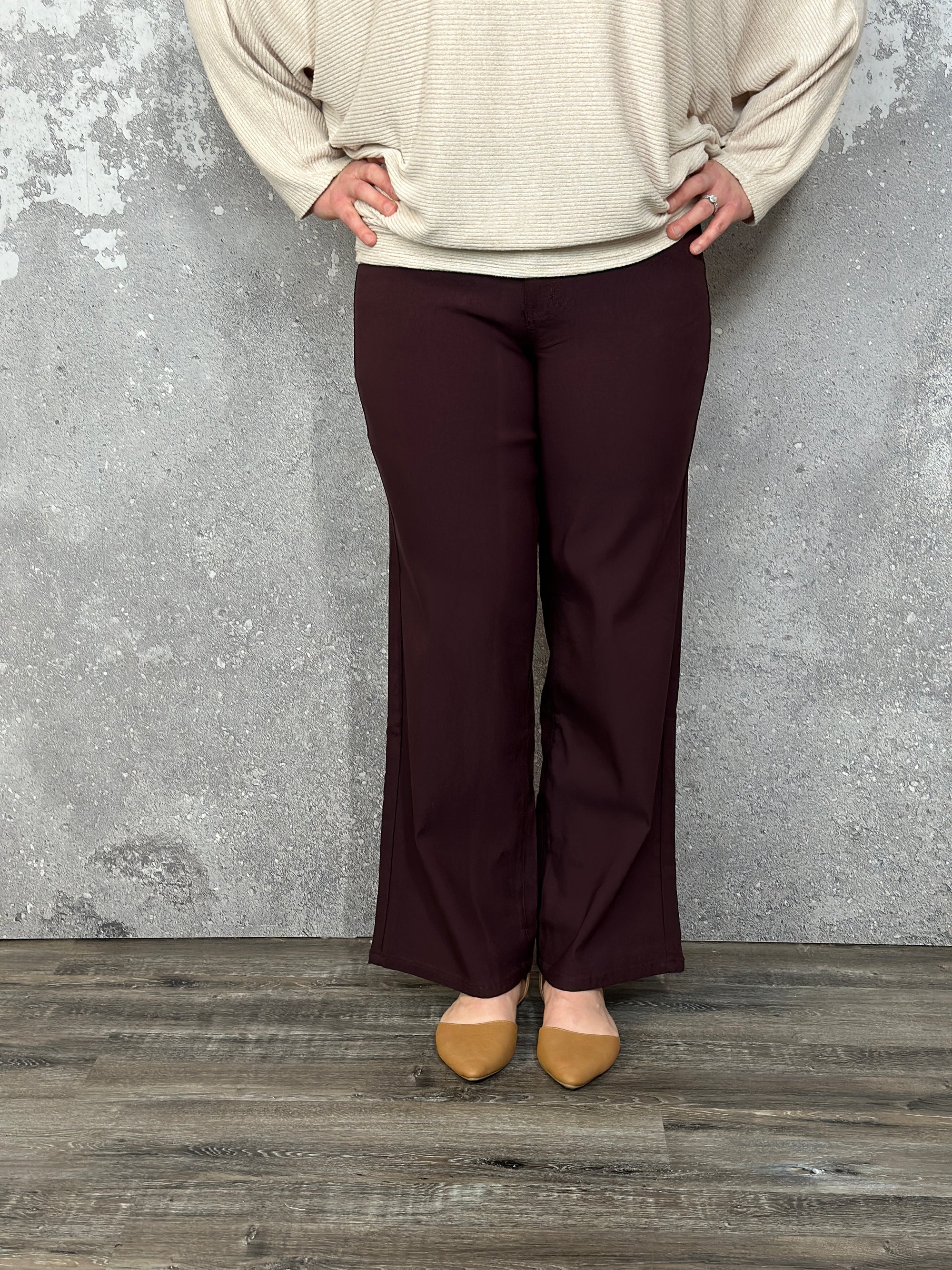 Hyperstretch Colored Wide Leg Mid rise Pant - Dark Berry