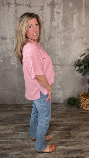 Bubble Gum Ribbed Button Up Top (Curvy Only)