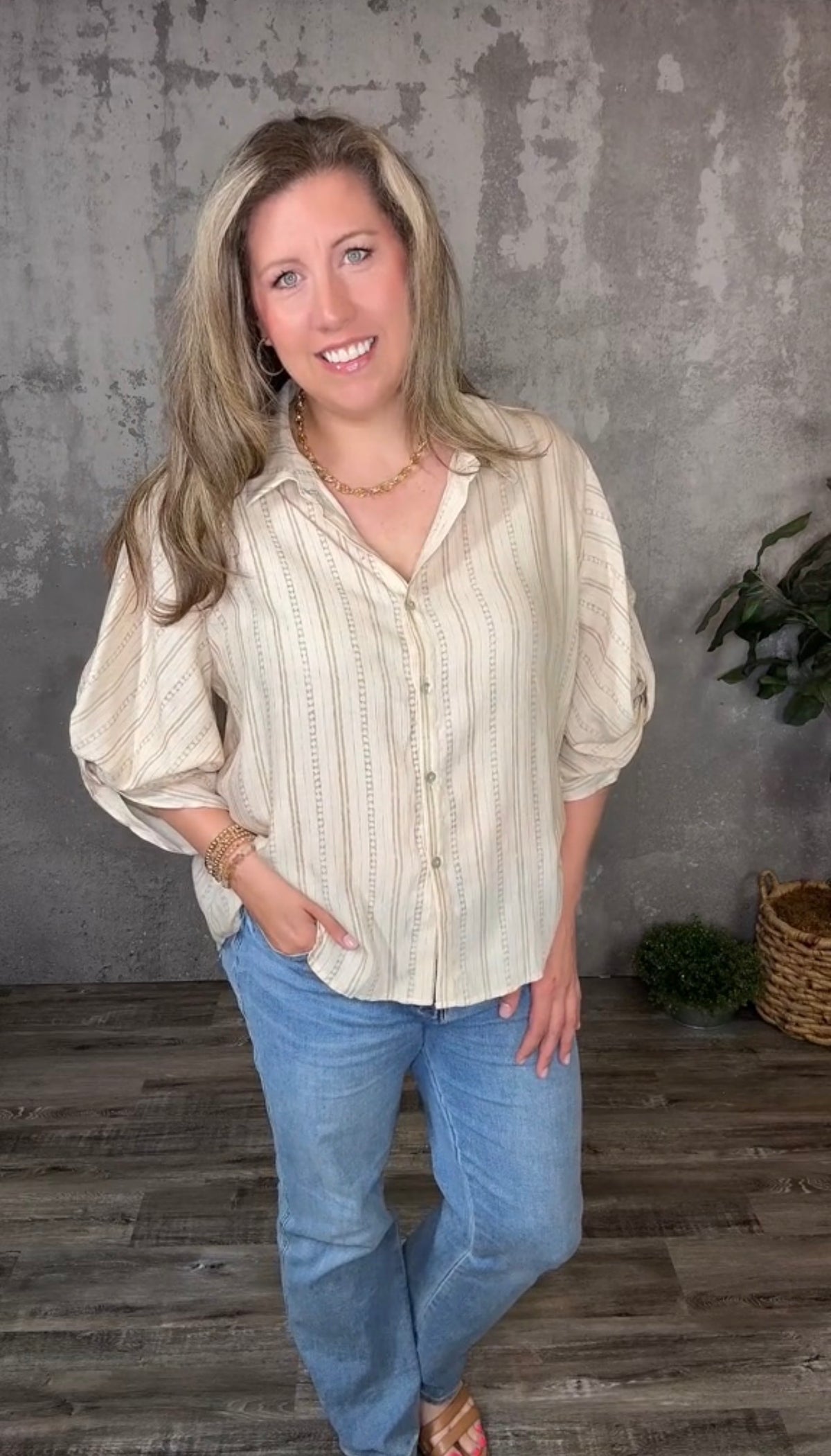 Taupe Geo Stripe Top (Curvy Only)