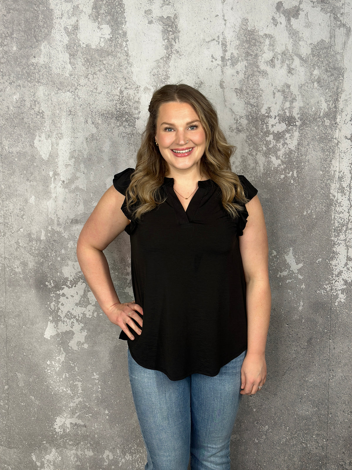 The Wrinkle Free Lizzie Ruffle Tank - Black (Small - 3X)