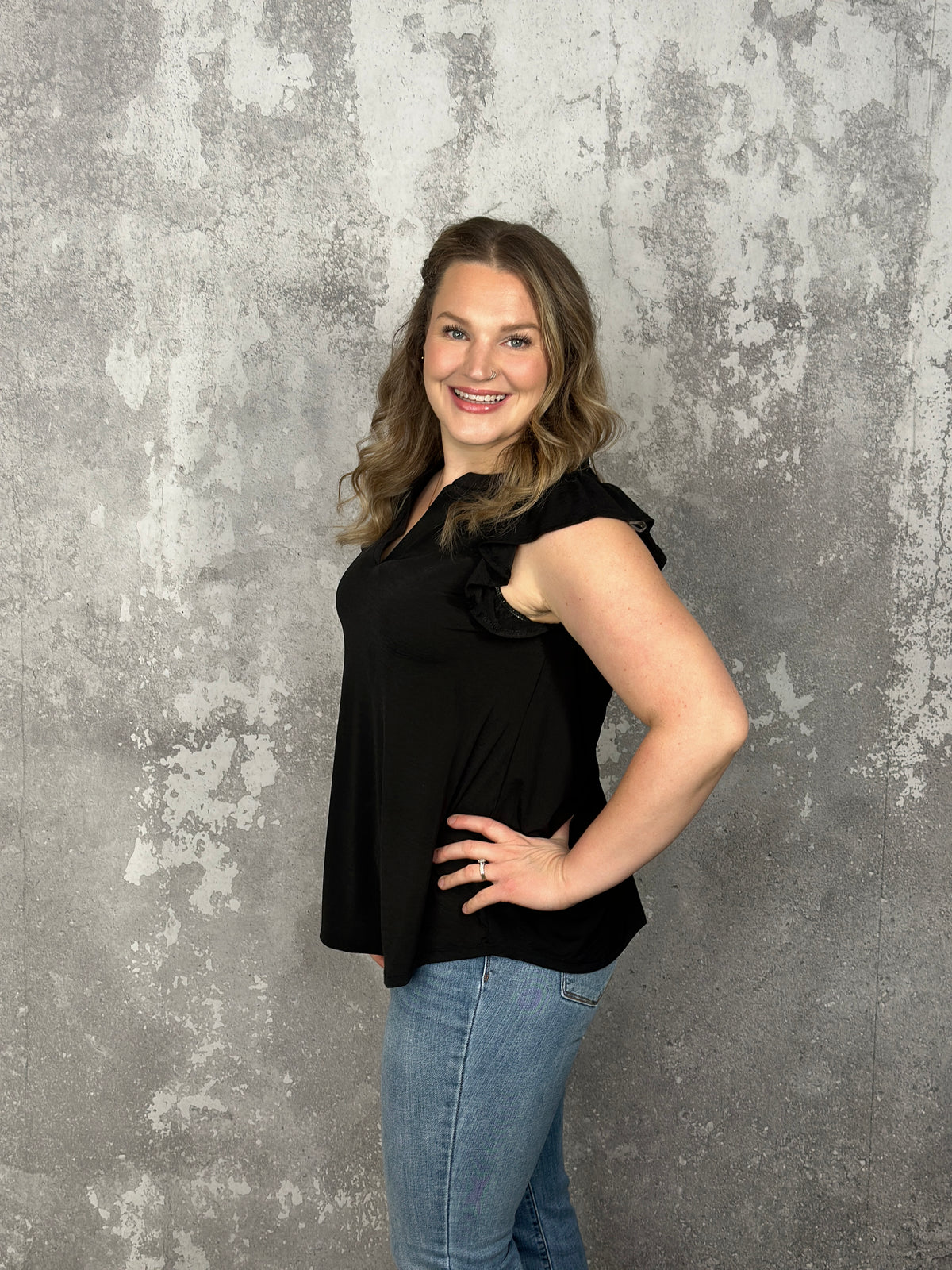 The Wrinkle Free Lizzie Ruffle Tank - Black (Small - 3X)