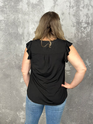 The Wrinkle Free Lizzie Ruffle Tank - Black (Small - 3X)