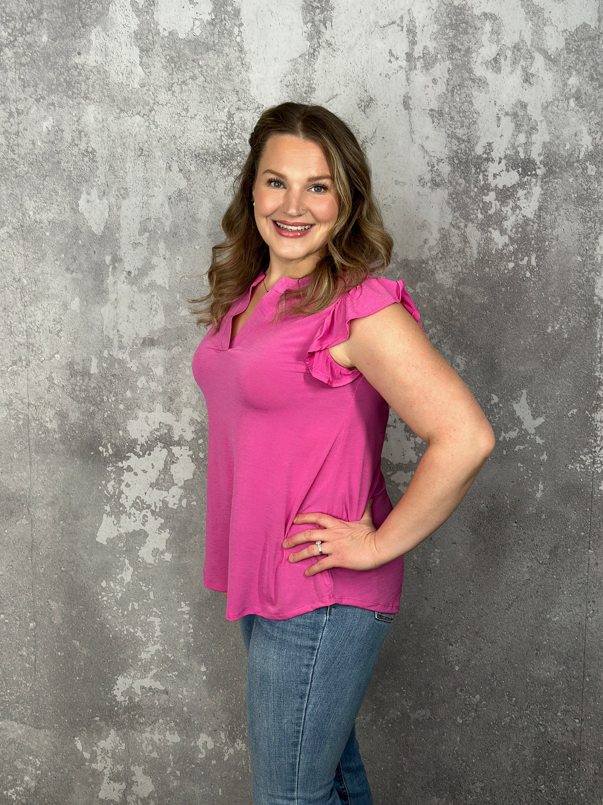 The Wrinkle Free Lizzie Ruffle Tank - Magenta (Small - 3X)