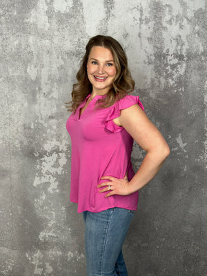 The Wrinkle Free Lizzie Ruffle Tank - Magenta (Small - 3X)