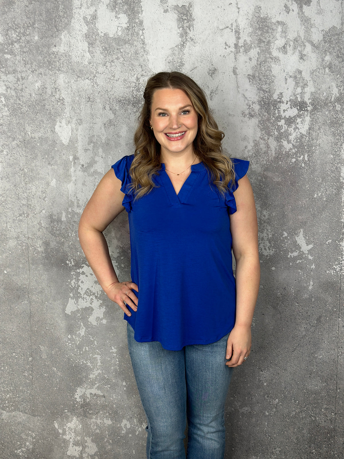 The Wrinkle Free Lizzie Ruffle Tank - Royal Blue (Small - 3X)
