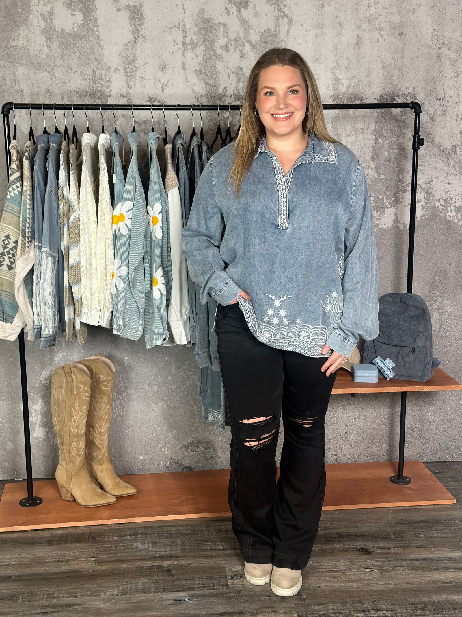 Lightweight Denim Embroidered Top - FINAL SALE