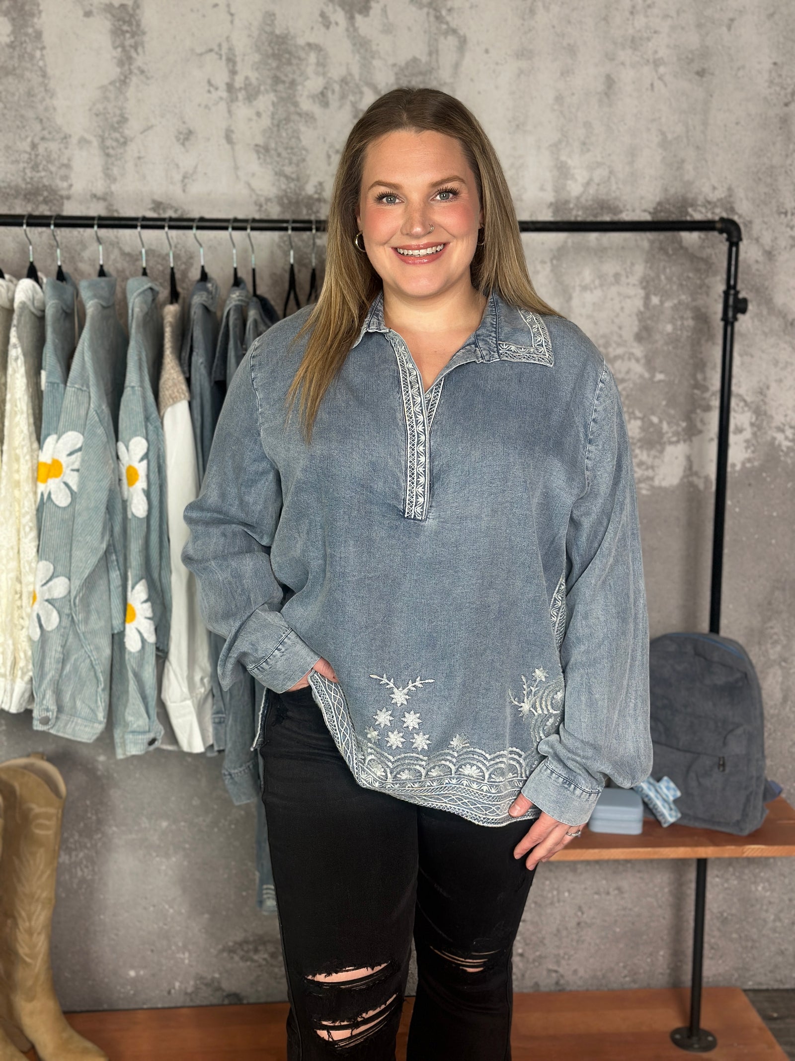 Lightweight Denim Embroidered Top - FINAL SALE