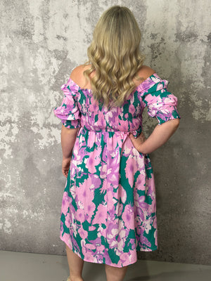 Lilac and Teal Floral Midi Dress (Small - 3X) FINAL SALE