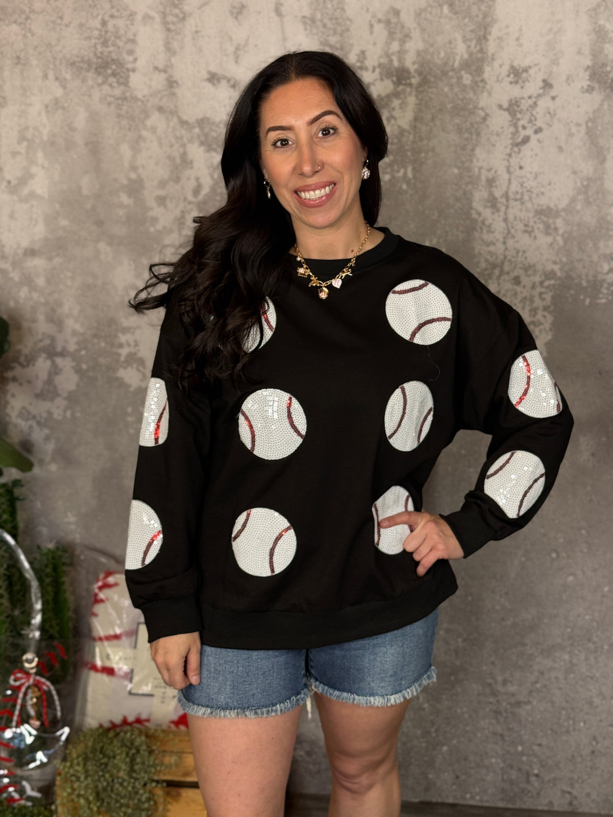 Sequin Baseball Sweatshirt - Black