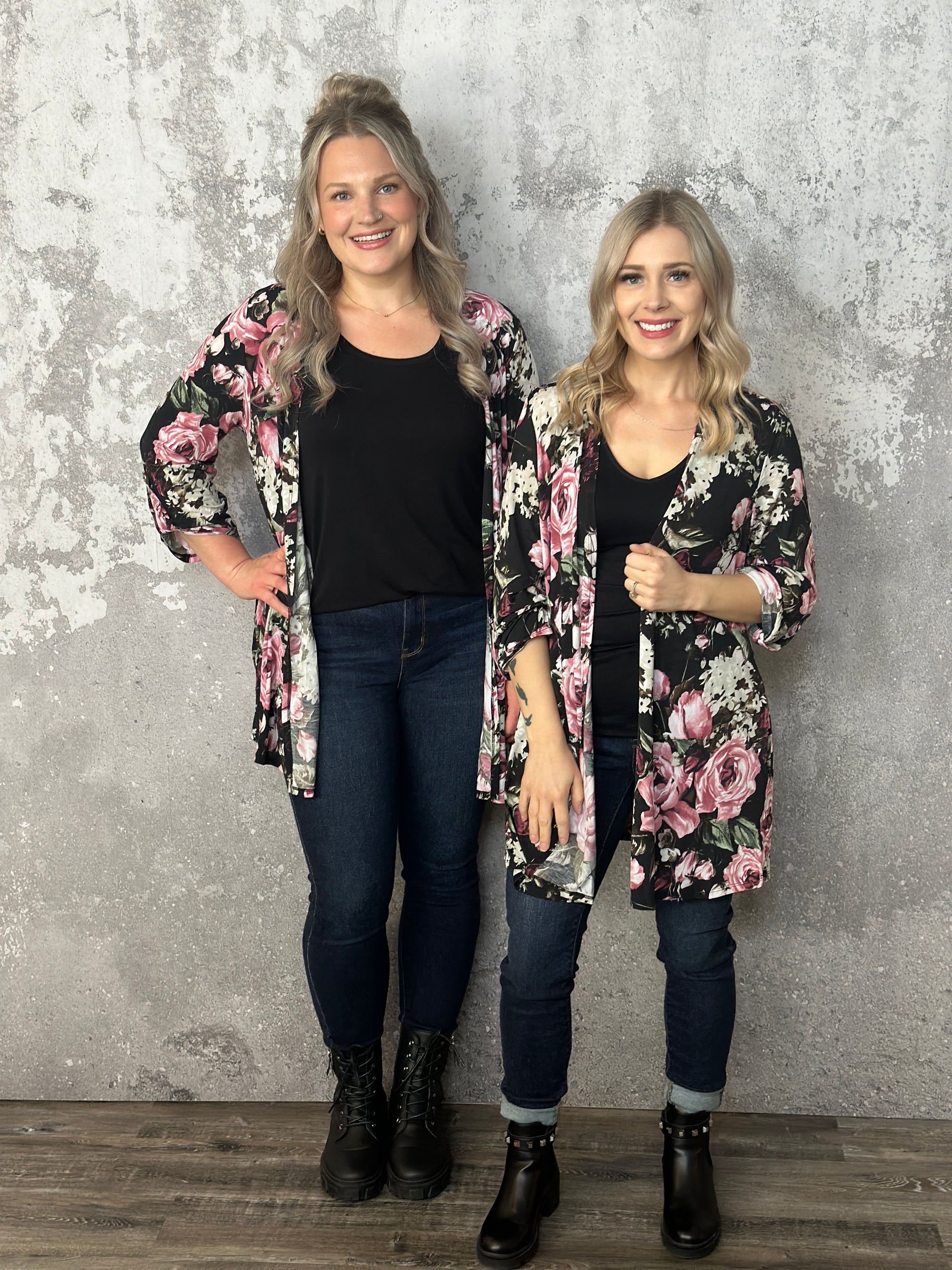 The Wrinkle Free Button Detail Black/Mauve/Olive Floral Cardigan - (Small - 3X)