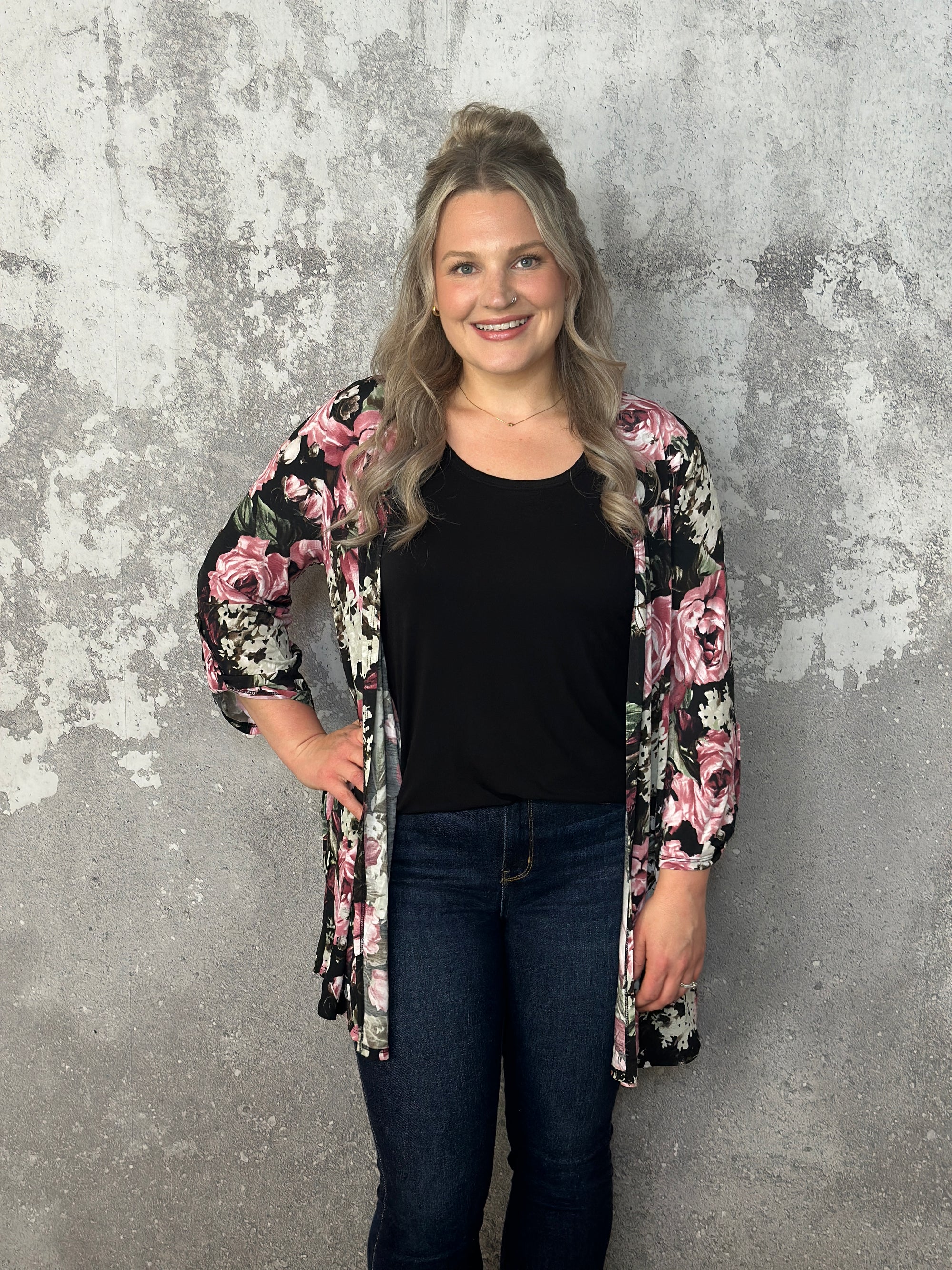 The Wrinkle Free Button Detail Black/Mauve/Olive Floral Cardigan - (Small - 3X)