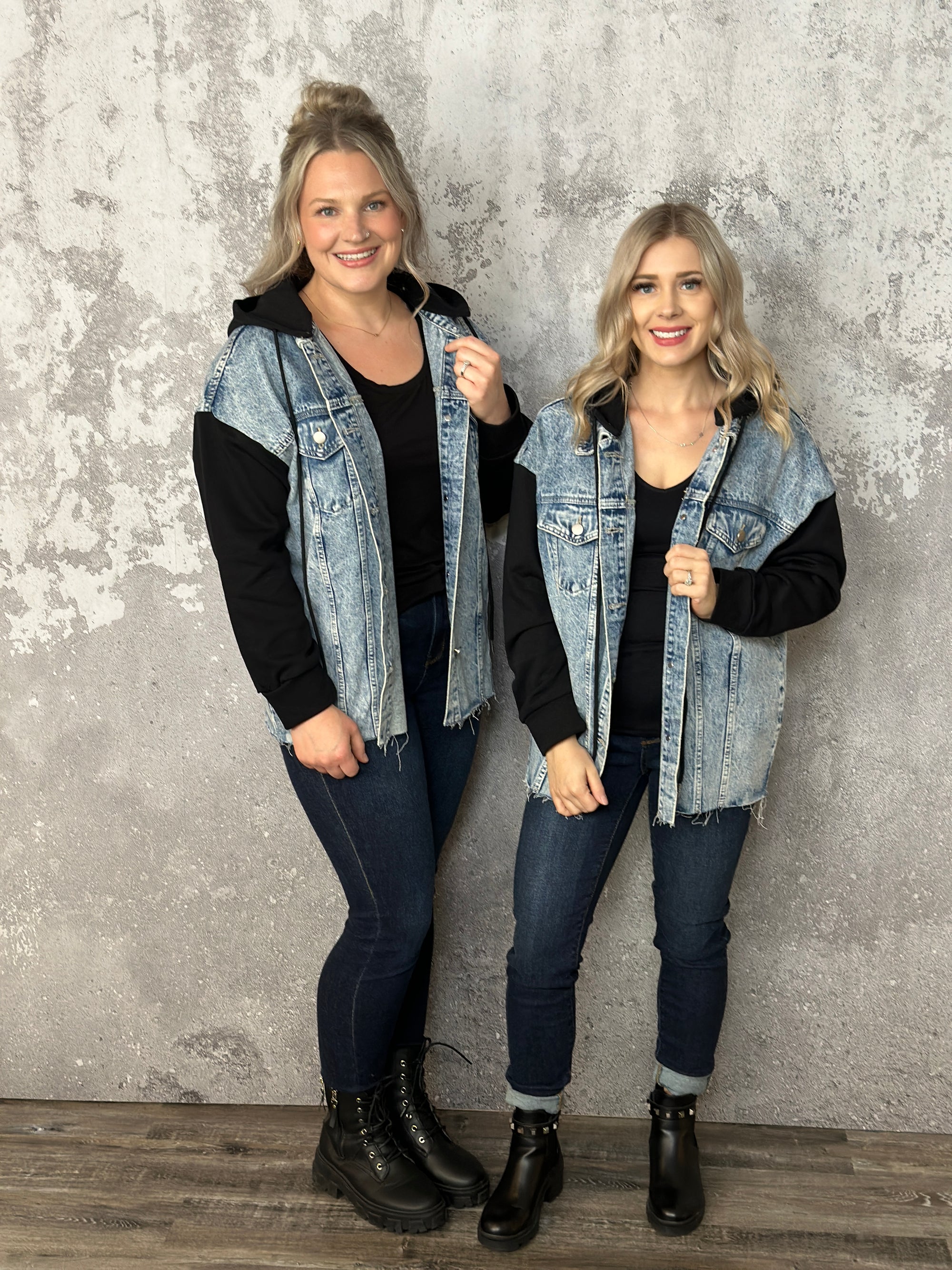 Denim Jacket with Sweatshirt Sleeves and Hood  (Small - 3X)