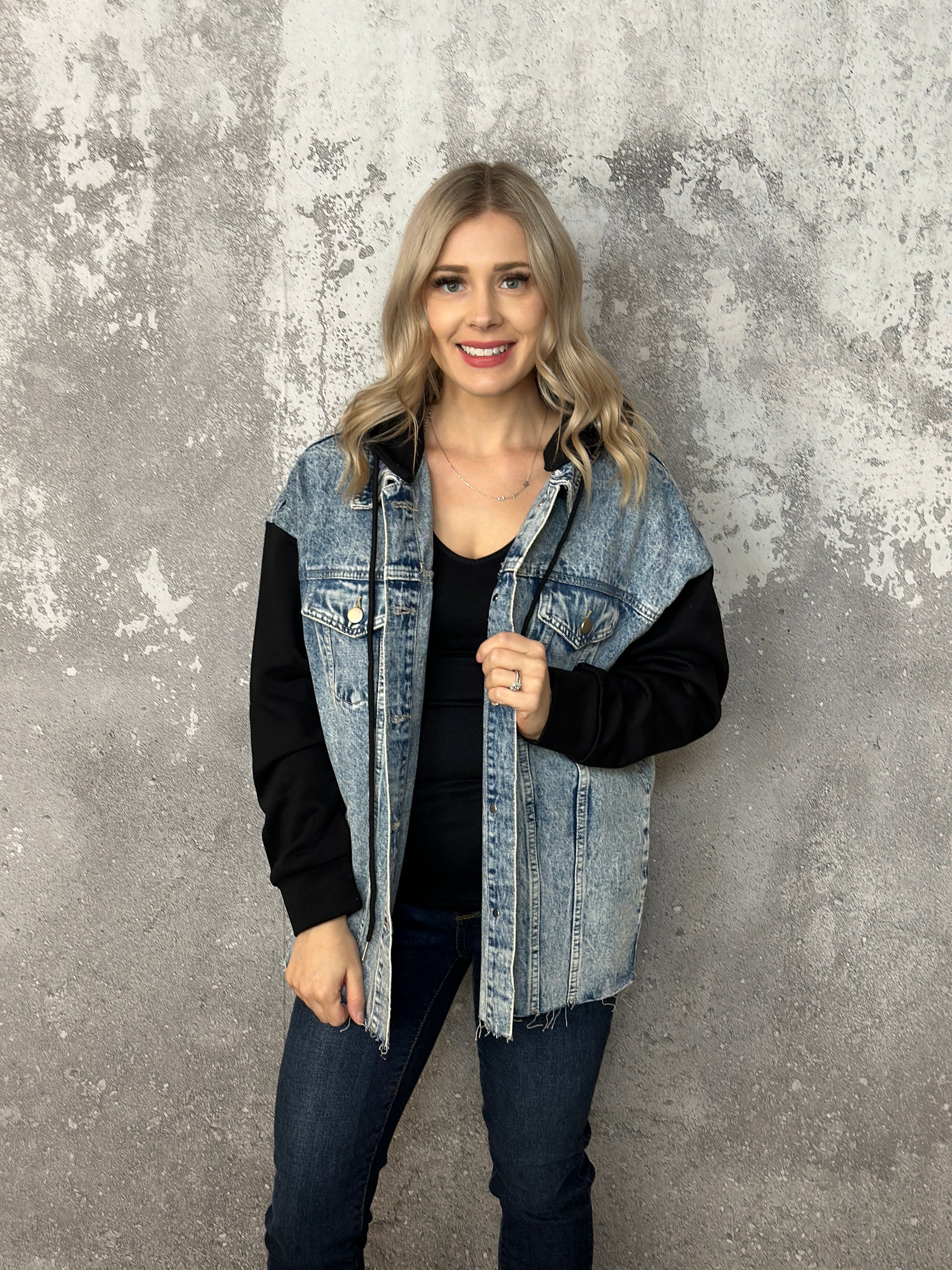 Denim Jacket with Sweatshirt Sleeves and Hood  (Small - 3X)