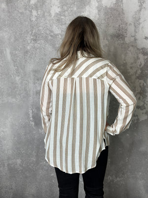 Taupe Stripe Lightweight Button Up Blouse (Small - 3X)