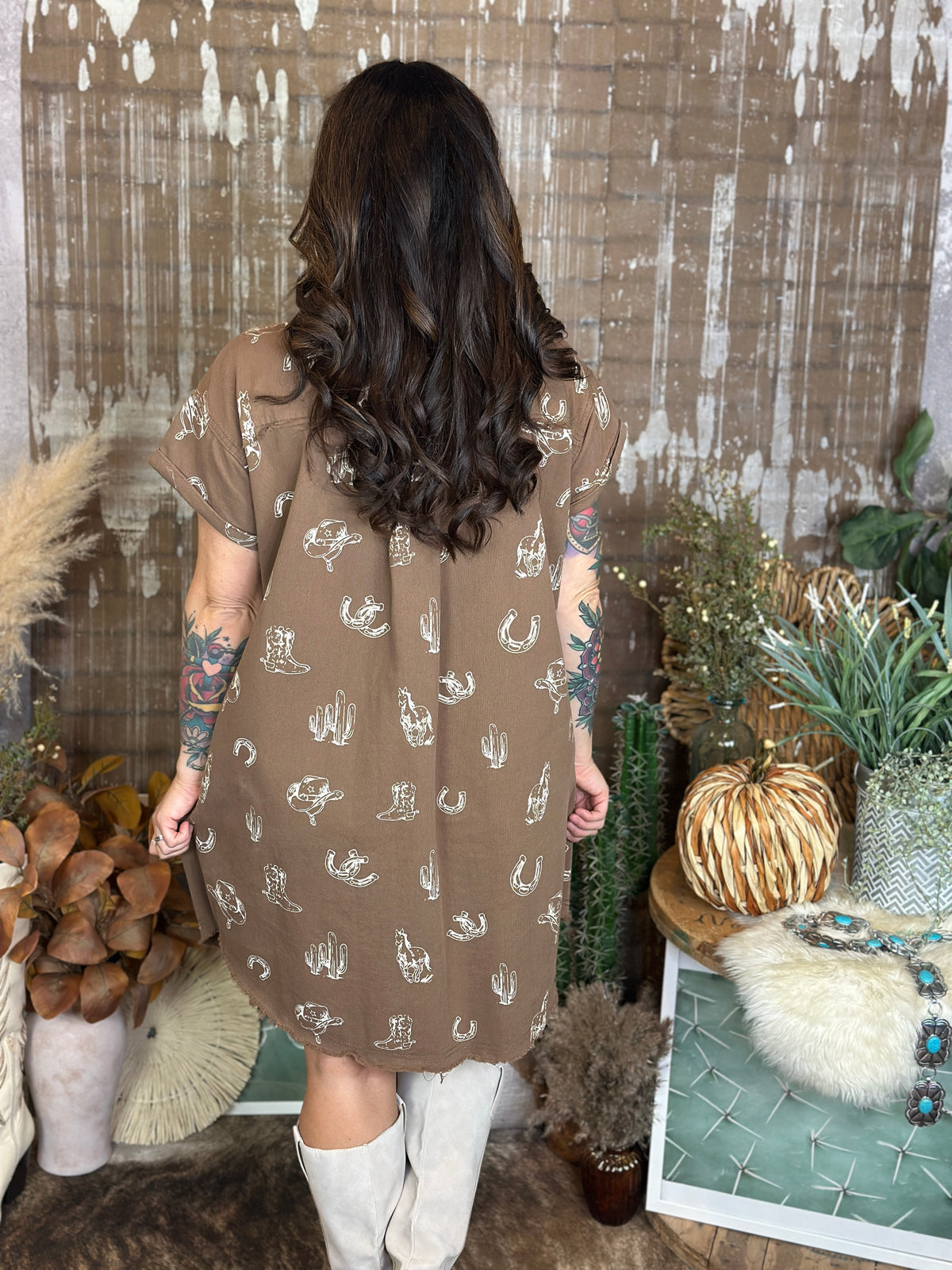 Brown Western Graphic Button Up Collared Dress