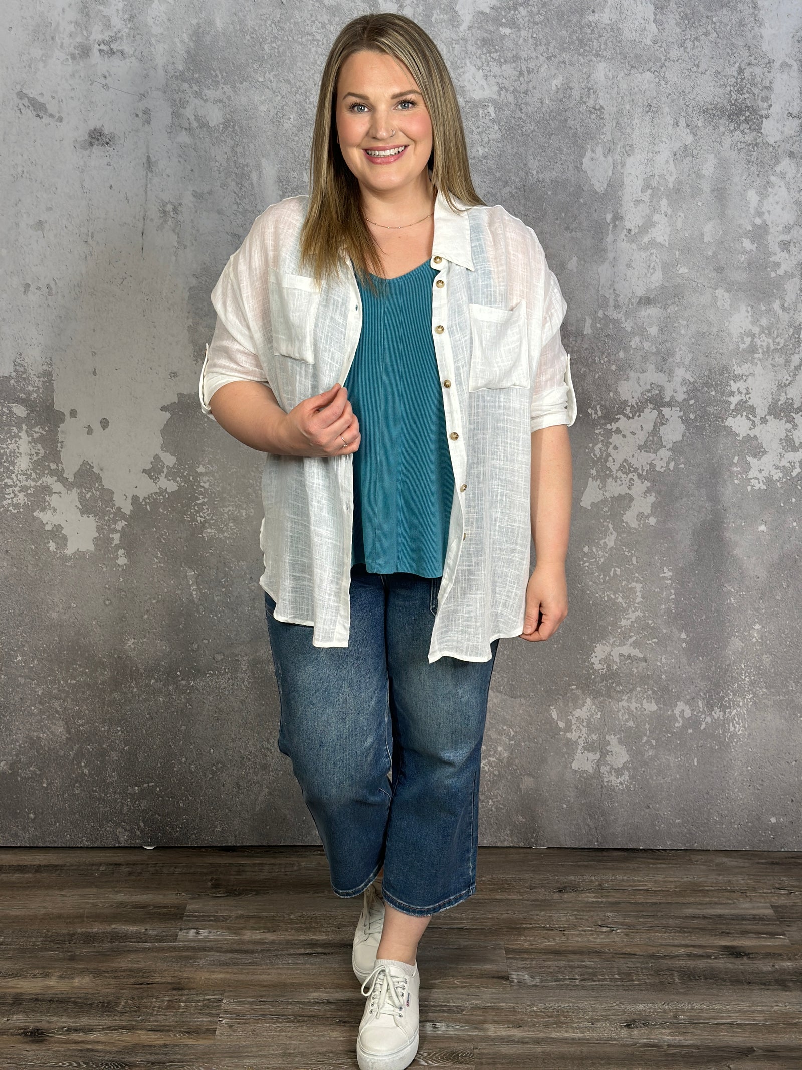 Off White Linen Button Up Top with 3/4 Sleeves