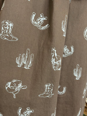 Brown Western Graphic Button Up Collared Dress