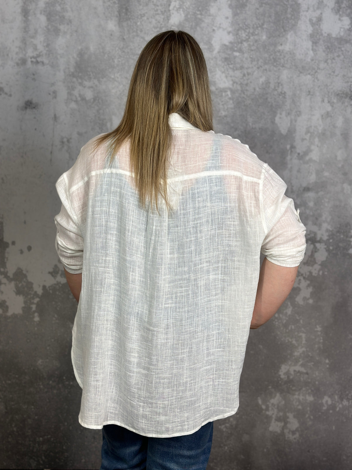 Off White Linen Button Up Top with 3/4 Sleeves