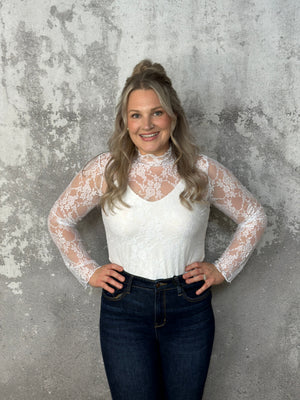 Moch Neck Sheer Lace Top - White (Small - 3X)